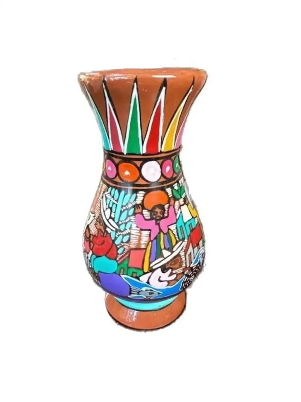 Vintage Hand Painted Mexican Folk Art Terracotta Pottery Storytelling Vase